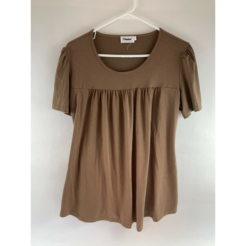 Yidarton Pleated Blouse Women's Size Large Brown Short Flutter Sleeve Scoop Neck